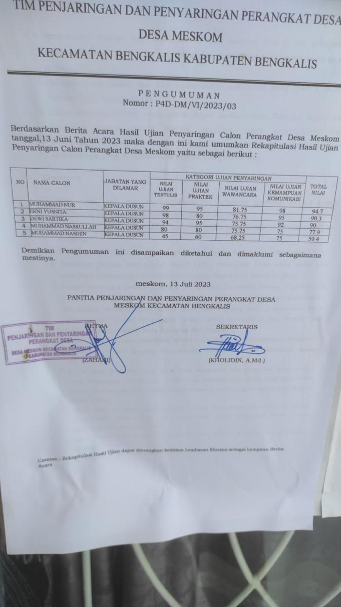 Tim Seleksi Perangkat Desa Meskom Umumkan Hasil Penyaringan 