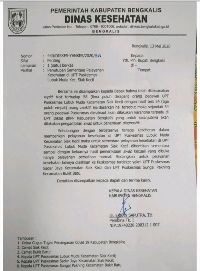 34 dari 58 Pegawai UPT Puskesmas Lubuk Muda Hasil Rapid Test Re-Aktif, Pelayanan Ditutup Sementara