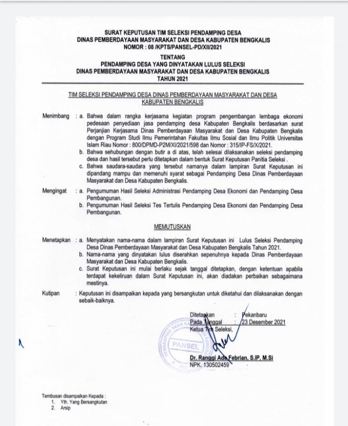 DPMD Kabupaten Bengkalis Resmi Umumkan Hasil Akhir Seleksi Pendamping Desa