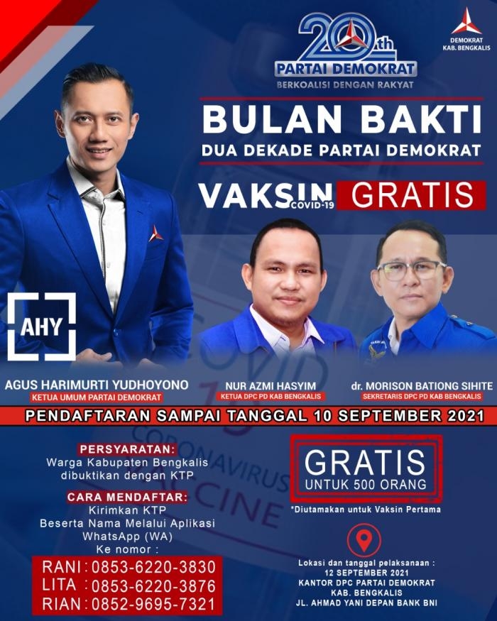 Sambut HUT 20 Tahun Demokrat, Partai Demokrat Bengkalis Vaksinasi Untuk 1000 Orang