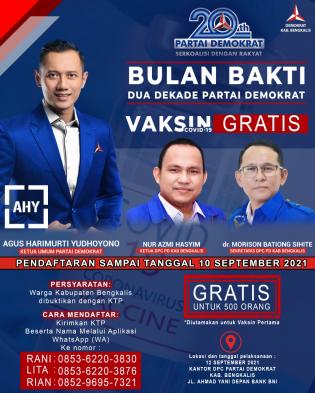 Sambut HUT 20 Tahun Demokrat, Partai Demokrat Bengkalis Vaksinasi Untuk 1000 Orang